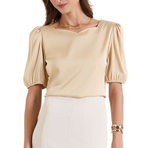 Elegant Sweetheart Neck Half Sleeve Office Work Satin Blouse Pale Yellow